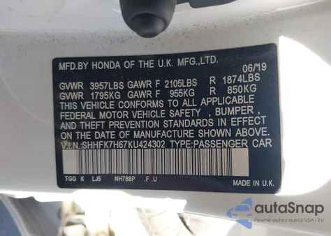 2019 Honda Civic Ex z USA, uszkodzony, nr VIN SHHFK7H67KU424302